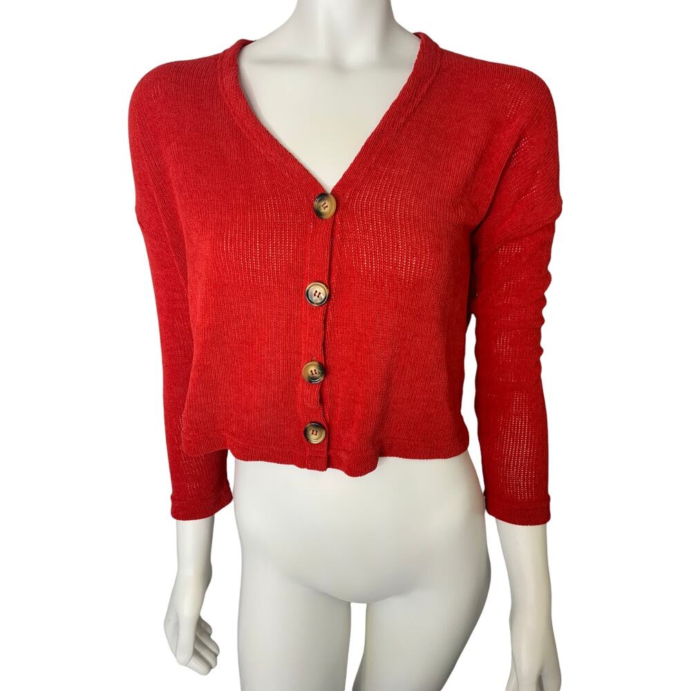 Nasty Gal crop button up long sleeve knit sweater red v-neck US size 4